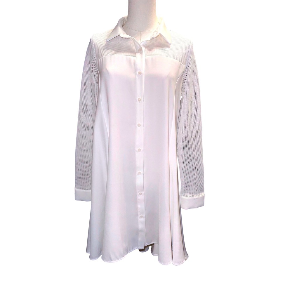 Gracia White Mesh Panel High-Low Button Down‎ Tunic Shirt D23566 Womens Medium - Picture 2 of 12